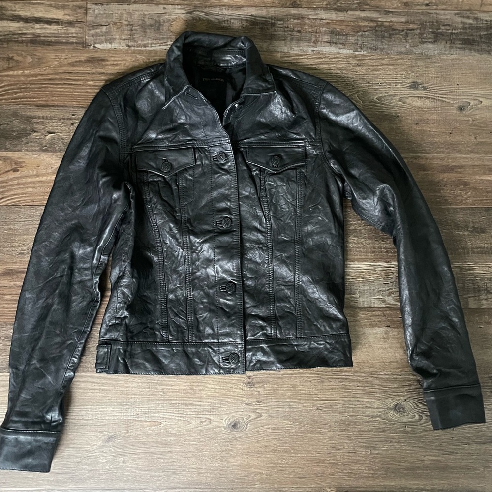 True Religion Leather Jean Jacket Black XS Extra Small